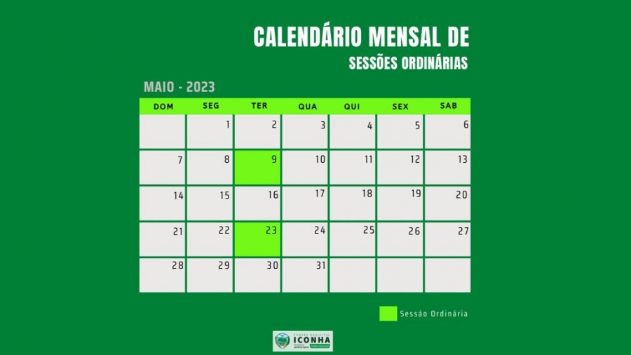 Calendário das Sessões Ordinárias de Maio
